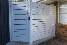 Metal slat gate and wing in surfmist - Blue Sovereign Fences and Gates